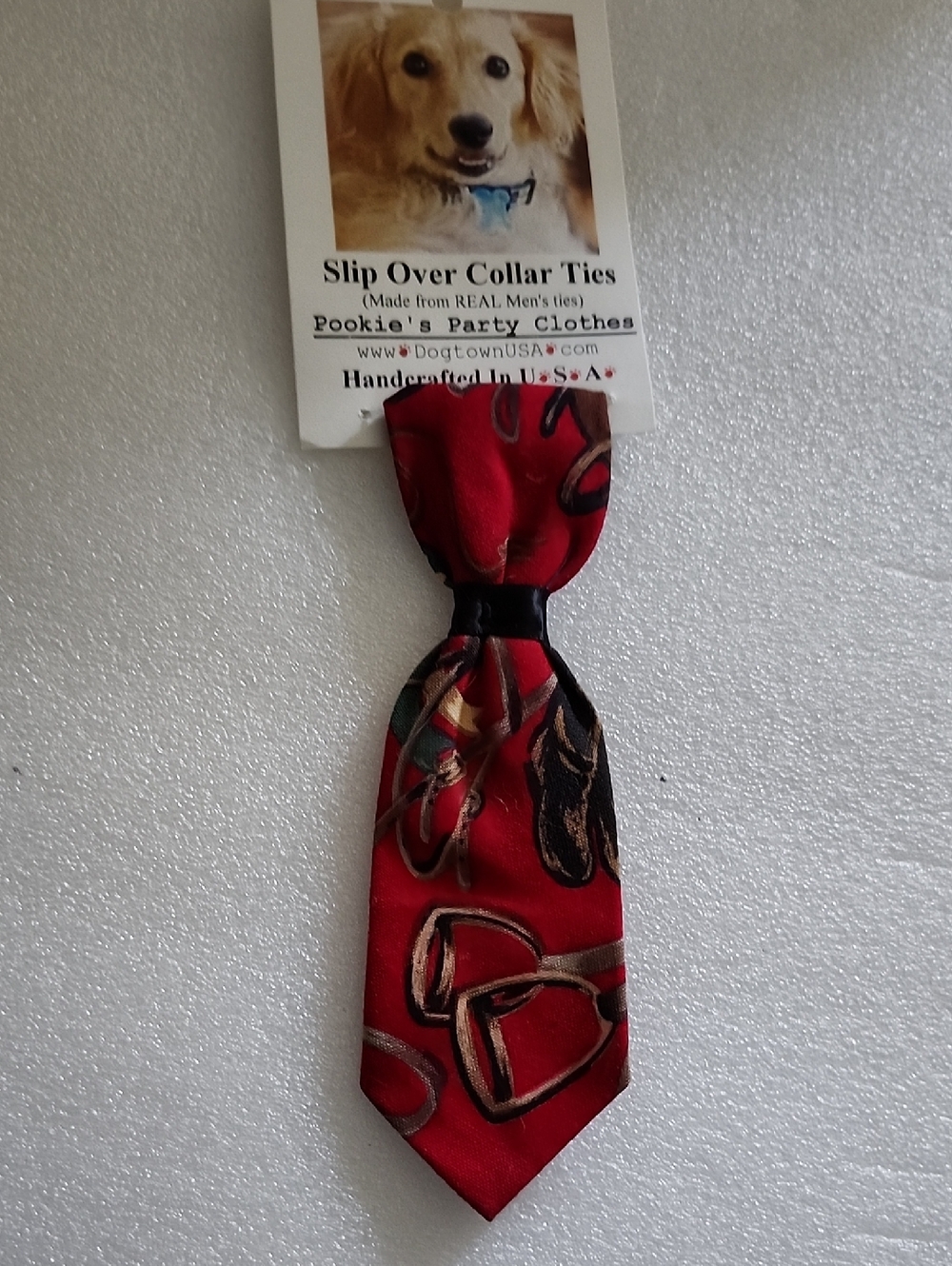 Hand Crafted Red Dog Slip-Over Collar Tie with Brown & Black Print